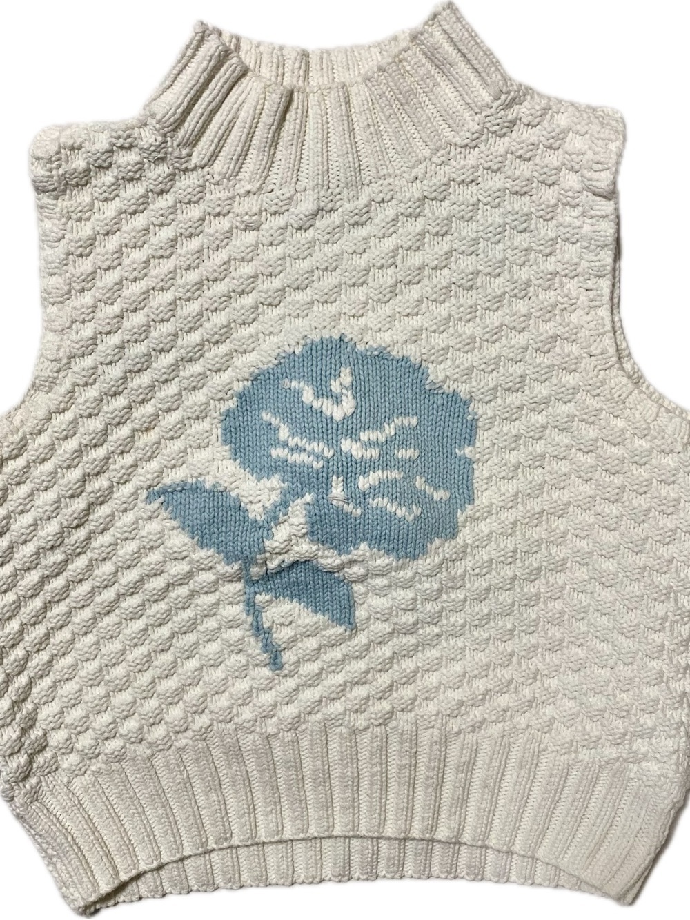 Liz Claiborne Cream Knit Sleeveless Turtleneck Vest with Blue Floral Motif